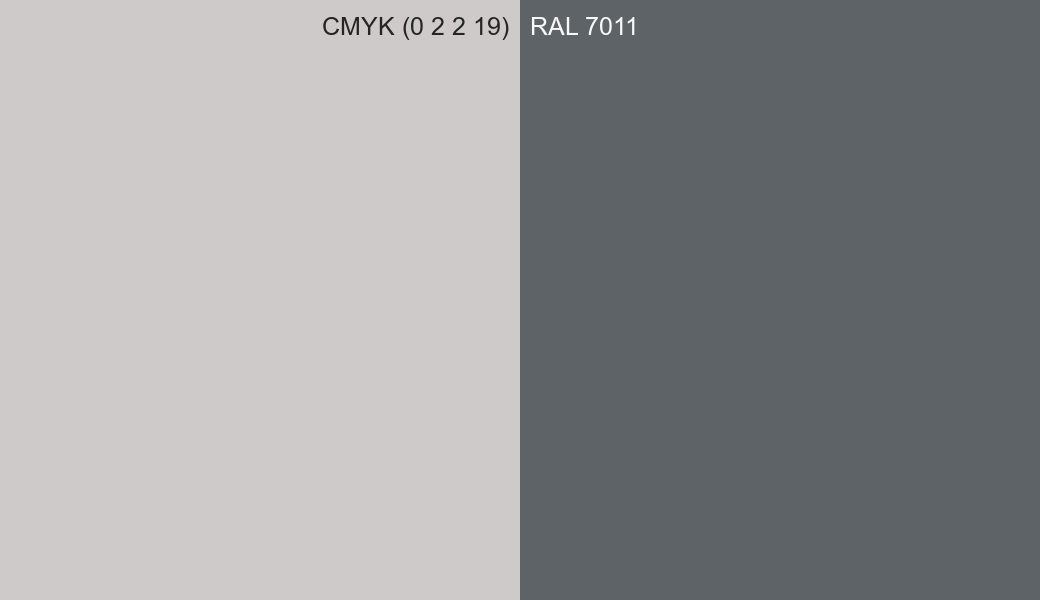 CMYK Color CMYK (0 2 2 19) vs RAL 7011 side by side comparison CMYK Color CMYK (0 2 2 19) vs RAL 7011 side by side comparison