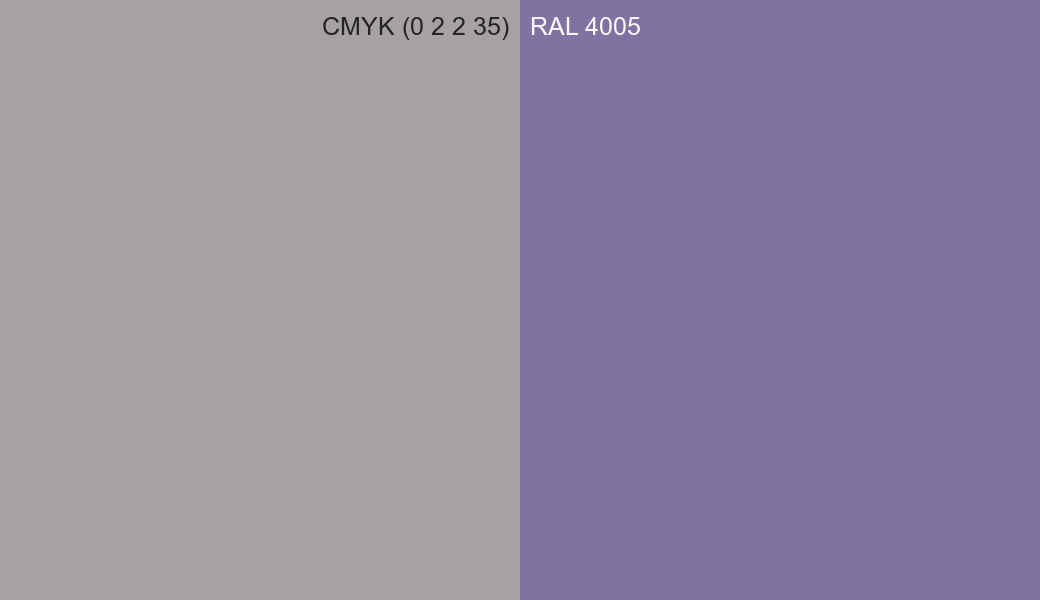 CMYK Color CMYK (0 2 2 35) vs RAL 4005 side by side comparison CMYK Color CMYK (0 2 2 35) vs RAL 4005 side by side comparison