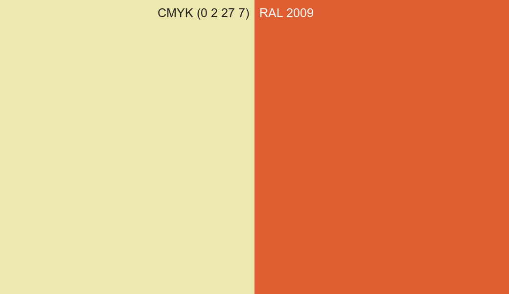CMYK Color CMYK (0 2 27 7) vs RAL 2009 side by side comparison CMYK Color CMYK (0 2 27 7) vs RAL 2009 side by side comparison
