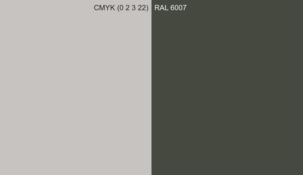 CMYK Color CMYK (0 2 3 22) vs RAL 6007 side by side comparison CMYK Color CMYK (0 2 3 22) vs RAL 6007 side by side comparison