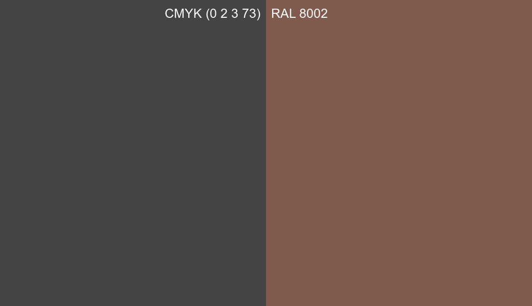 CMYK Color CMYK (0 2 3 73) vs RAL 8002 side by side comparison CMYK Color CMYK (0 2 3 73) vs RAL 8002 side by side comparison