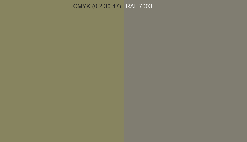 CMYK Color CMYK (0 2 30 47) vs RAL 7003 side by side comparison CMYK Color CMYK (0 2 30 47) vs RAL 7003 side by side comparison