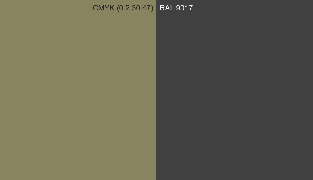CMYK Color CMYK (0 2 30 47) vs RAL 9017 side by side comparison CMYK Color CMYK (0 2 30 47) vs RAL 9017 side by side comparison