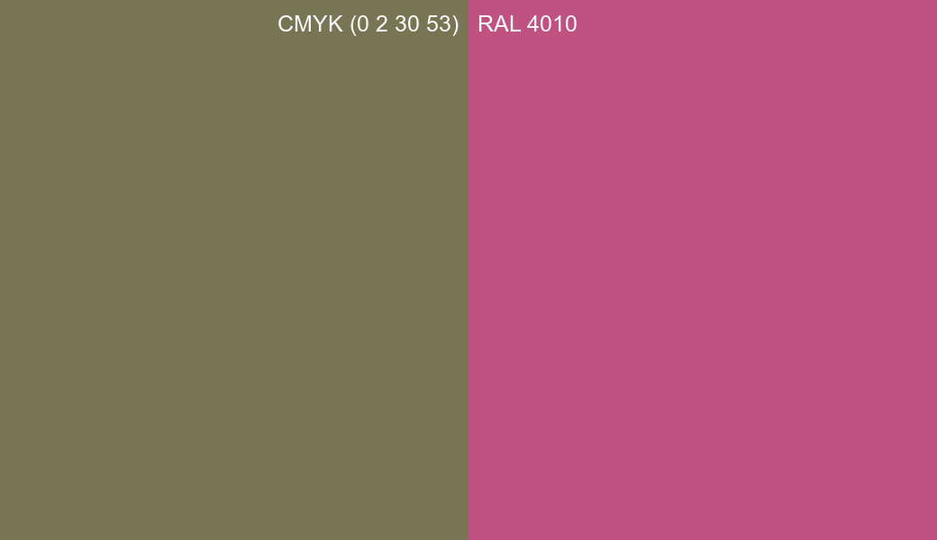 CMYK Color CMYK (0 2 30 53) vs RAL 4010 side by side comparison CMYK Color CMYK (0 2 30 53) vs RAL 4010 side by side comparison