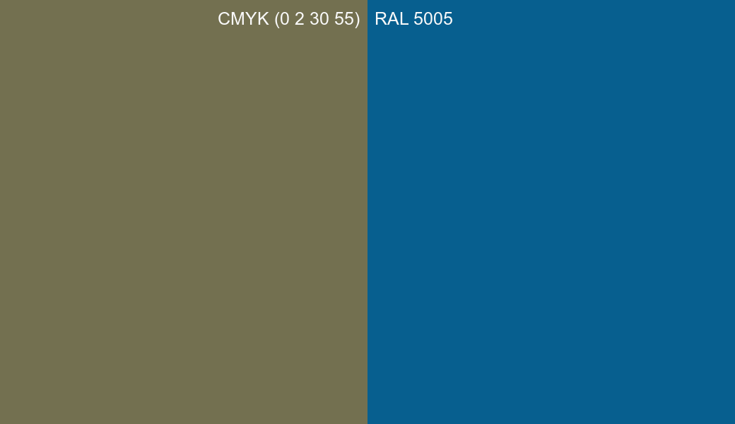 CMYK Color CMYK (0 2 30 55) vs RAL 5005 side by side comparison CMYK Color CMYK (0 2 30 55) vs RAL 5005 side by side comparison
