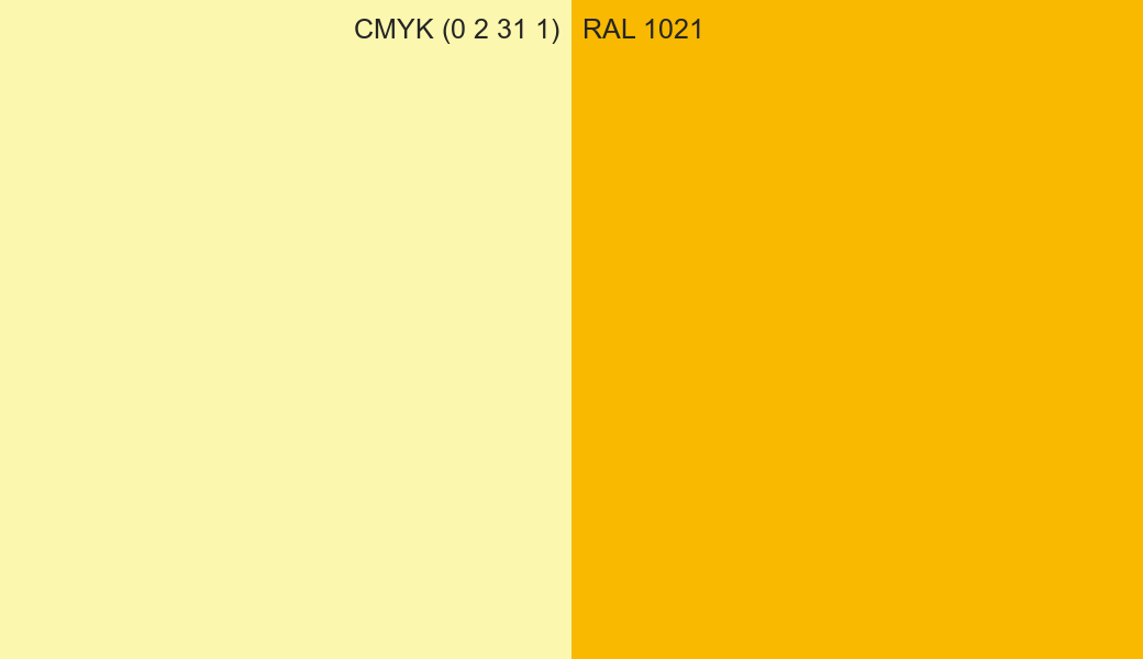CMYK Color CMYK (0 2 31 1) vs RAL 1021 side by side comparison CMYK Color CMYK (0 2 31 1) vs RAL 1021 side by side comparison
