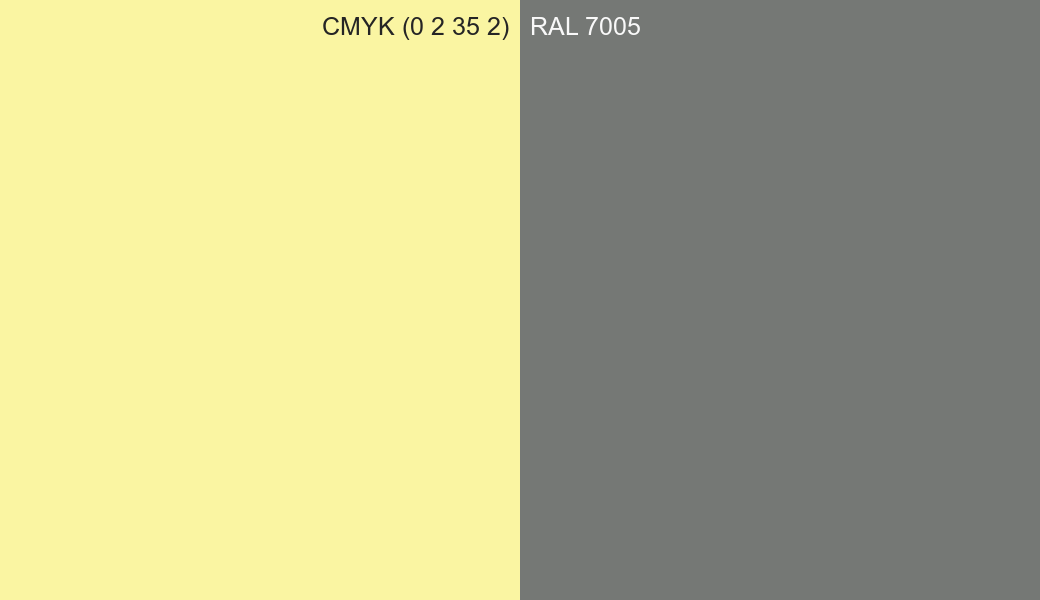 CMYK Color CMYK (0 2 35 2) vs RAL 7005 side by side comparison CMYK Color CMYK (0 2 35 2) vs RAL 7005 side by side comparison