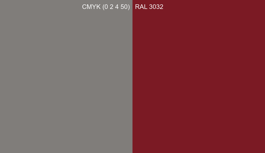 CMYK Color CMYK (0 2 4 50) vs RAL 3032 side by side comparison CMYK Color CMYK (0 2 4 50) vs RAL 3032 side by side comparison