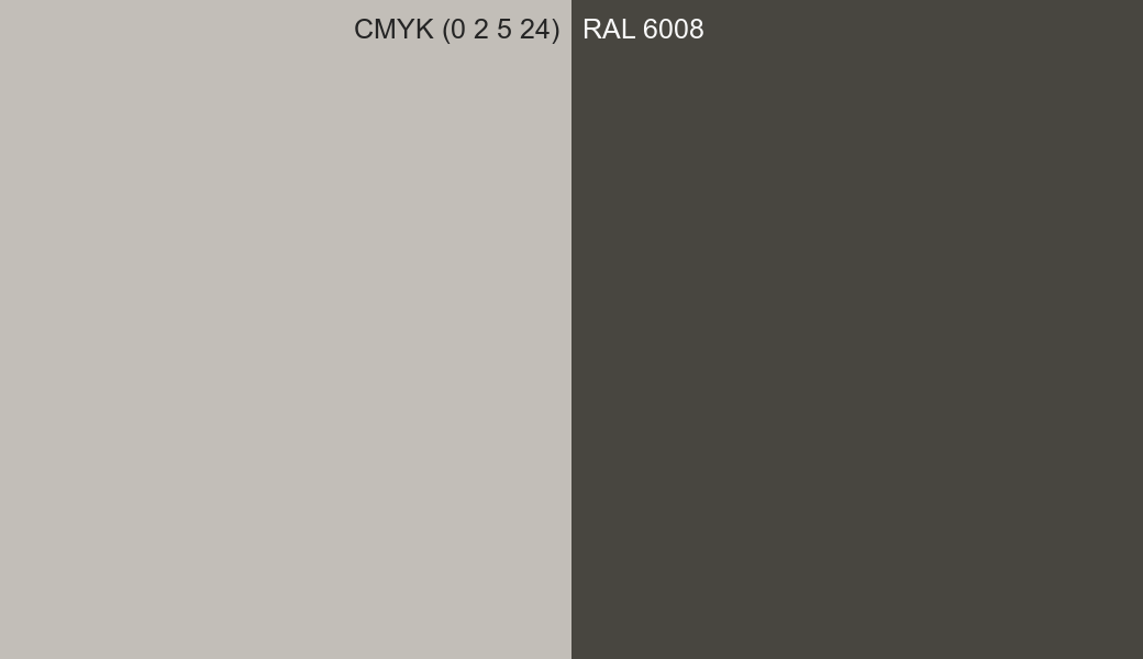 CMYK Color CMYK (0 2 5 24) vs RAL 6008 side by side comparison CMYK Color CMYK (0 2 5 24) vs RAL 6008 side by side comparison