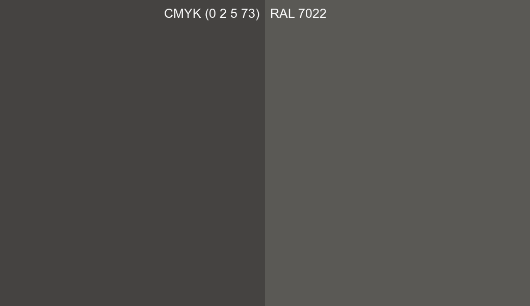 CMYK Color CMYK (0 2 5 73) vs RAL 7022 side by side comparison CMYK Color CMYK (0 2 5 73) vs RAL 7022 side by side comparison