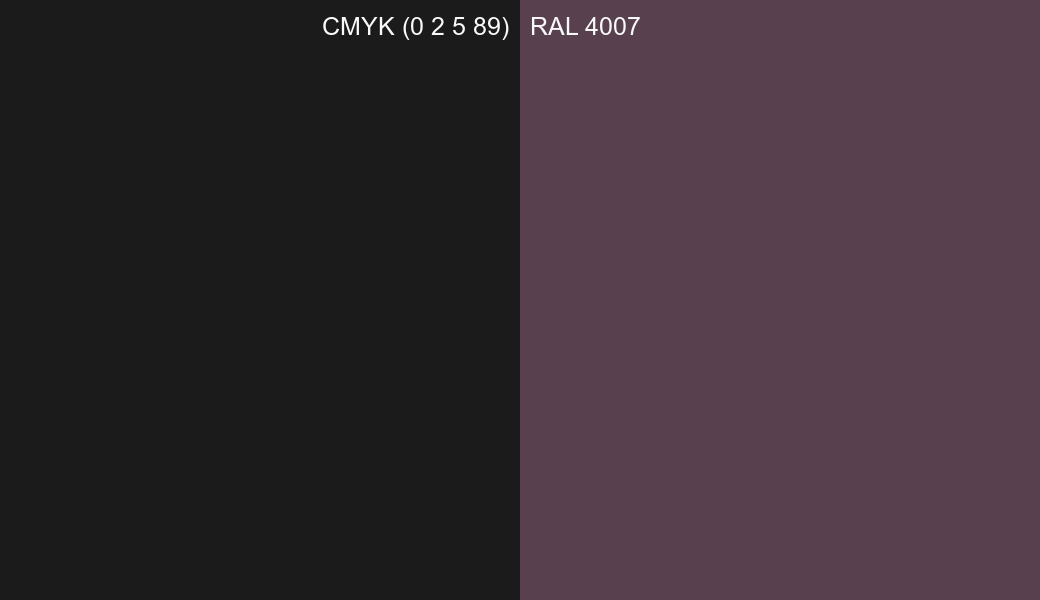 CMYK Color CMYK (0 2 5 89) vs RAL 4007 side by side comparison CMYK Color CMYK (0 2 5 89) vs RAL 4007 side by side comparison