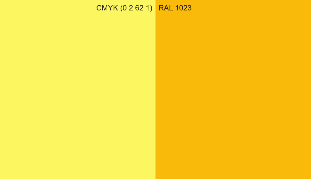 CMYK Color CMYK (0 2 62 1) vs RAL 1023 side by side comparison CMYK Color CMYK (0 2 62 1) vs RAL 1023 side by side comparison