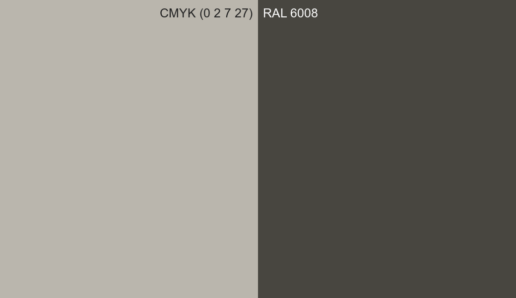 CMYK Color CMYK (0 2 7 27) vs RAL 6008 side by side comparison CMYK Color CMYK (0 2 7 27) vs RAL 6008 side by side comparison