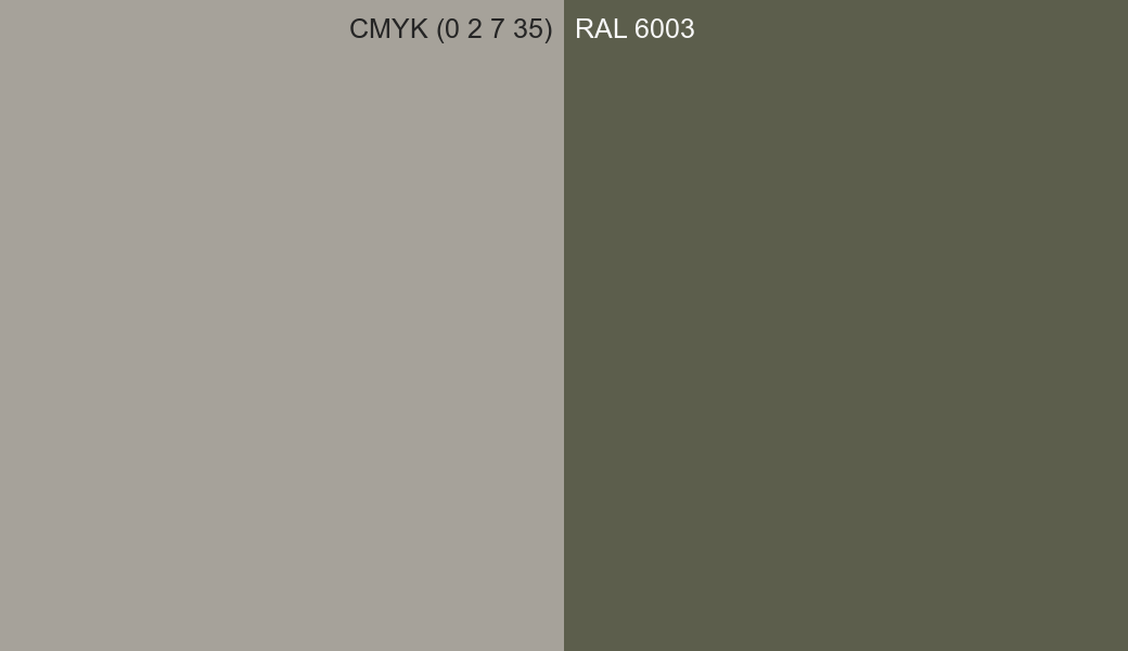 CMYK Color CMYK (0 2 7 35) vs RAL 6003 side by side comparison CMYK Color CMYK (0 2 7 35) vs RAL 6003 side by side comparison