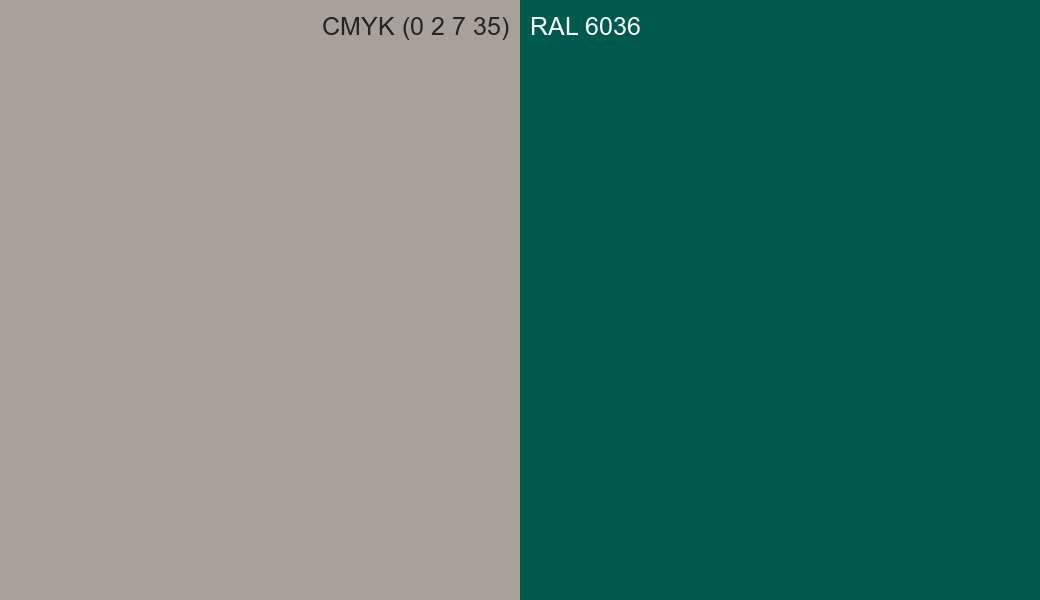 CMYK Color CMYK (0 2 7 35) vs RAL 6036 side by side comparison CMYK Color CMYK (0 2 7 35) vs RAL 6036 side by side comparison