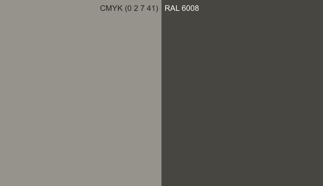 CMYK Color CMYK (0 2 7 41) vs RAL 6008 side by side comparison CMYK Color CMYK (0 2 7 41) vs RAL 6008 side by side comparison