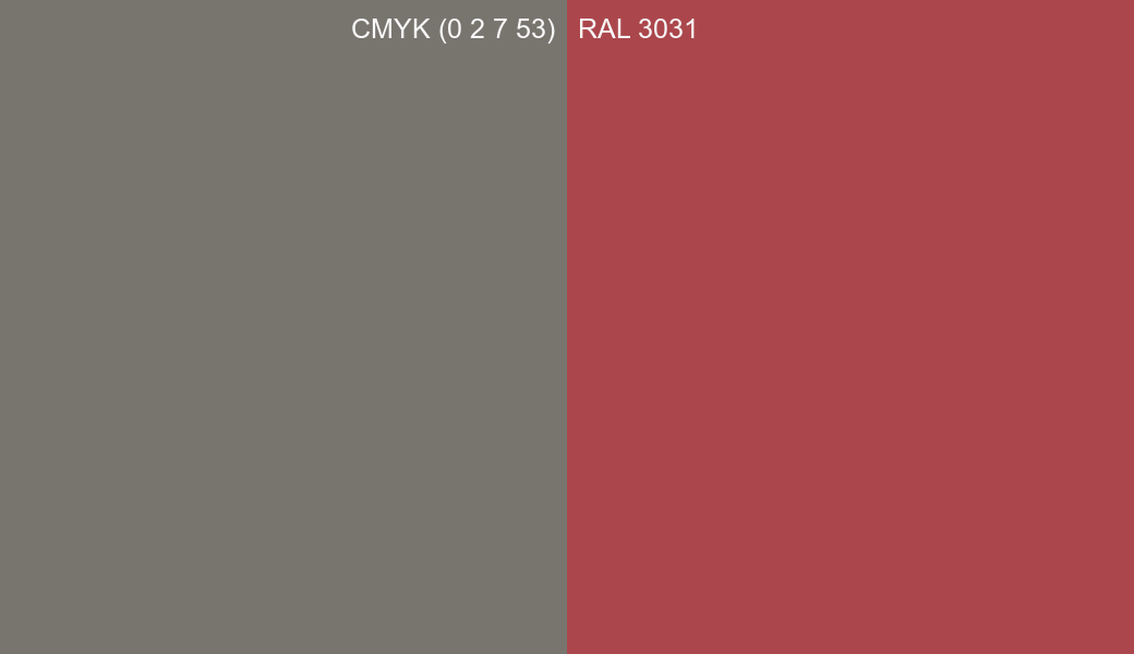 CMYK Color CMYK (0 2 7 53) vs RAL 3031 side by side comparison CMYK Color CMYK (0 2 7 53) vs RAL 3031 side by side comparison