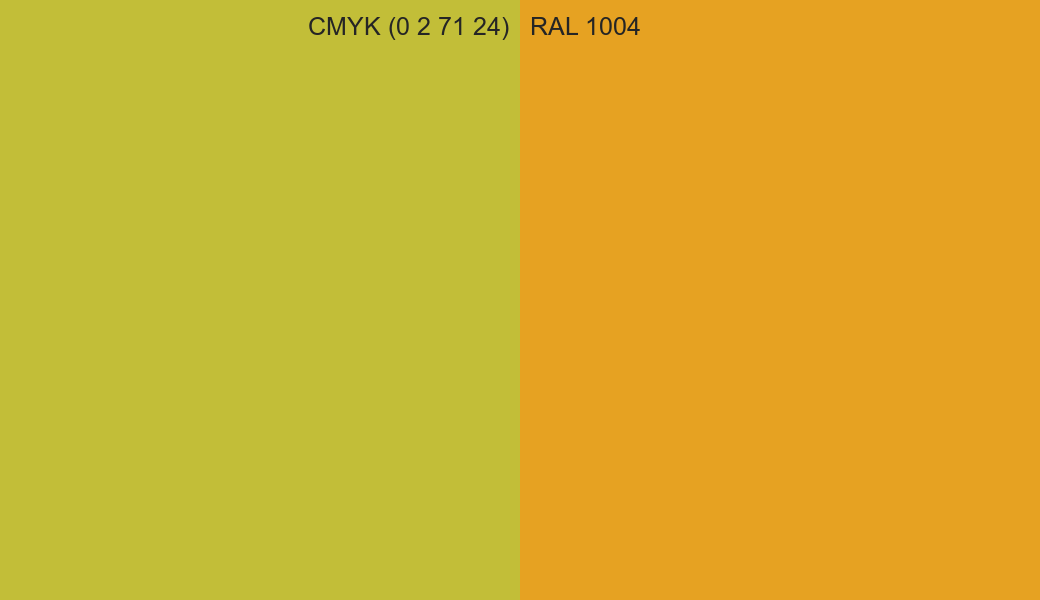 CMYK Color CMYK (0 2 71 24) vs RAL 1004 side by side comparison CMYK Color CMYK (0 2 71 24) vs RAL 1004 side by side comparison