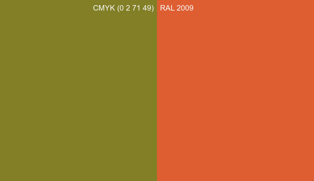 CMYK Color CMYK (0 2 71 49) vs RAL 2009 side by side comparison CMYK Color CMYK (0 2 71 49) vs RAL 2009 side by side comparison