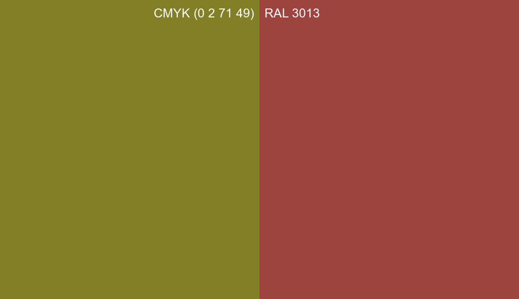 CMYK Color CMYK (0 2 71 49) vs RAL 3013 side by side comparison CMYK Color CMYK (0 2 71 49) vs RAL 3013 side by side comparison