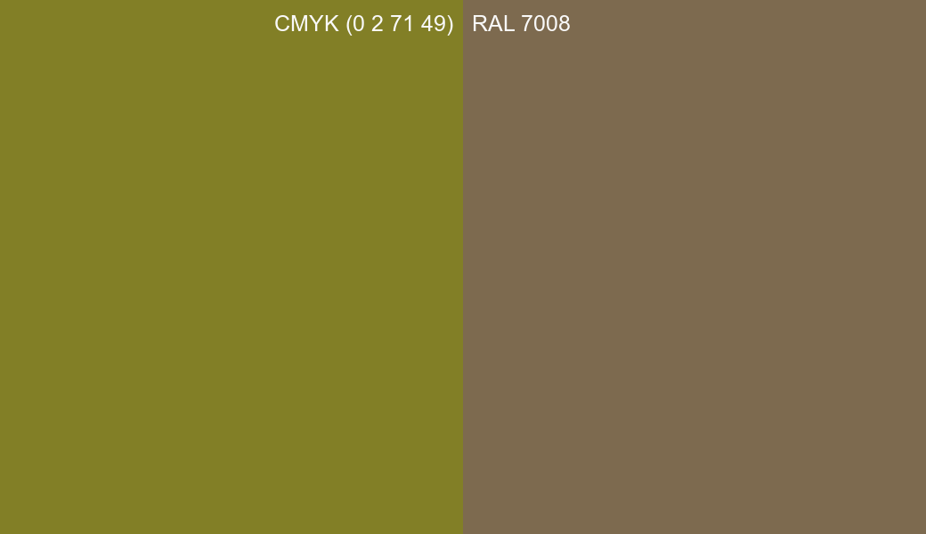 CMYK Color CMYK (0 2 71 49) vs RAL 7008 side by side comparison CMYK Color CMYK (0 2 71 49) vs RAL 7008 side by side comparison