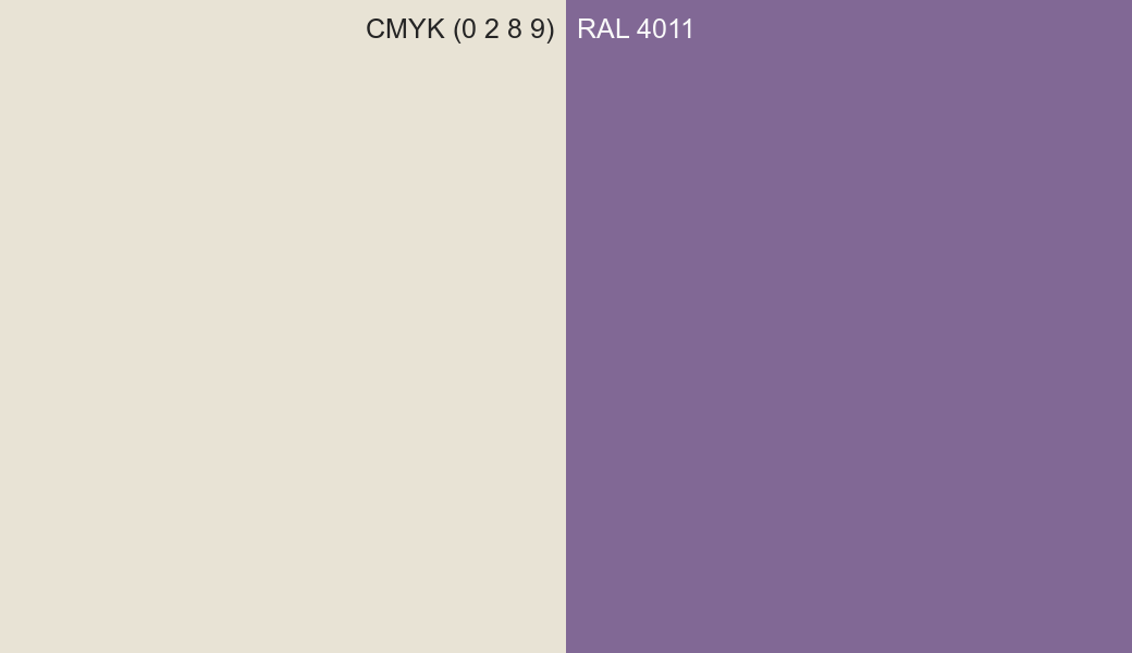 CMYK Color CMYK (0 2 8 9) vs RAL 4011 side by side comparison CMYK Color CMYK (0 2 8 9) vs RAL 4011 side by side comparison