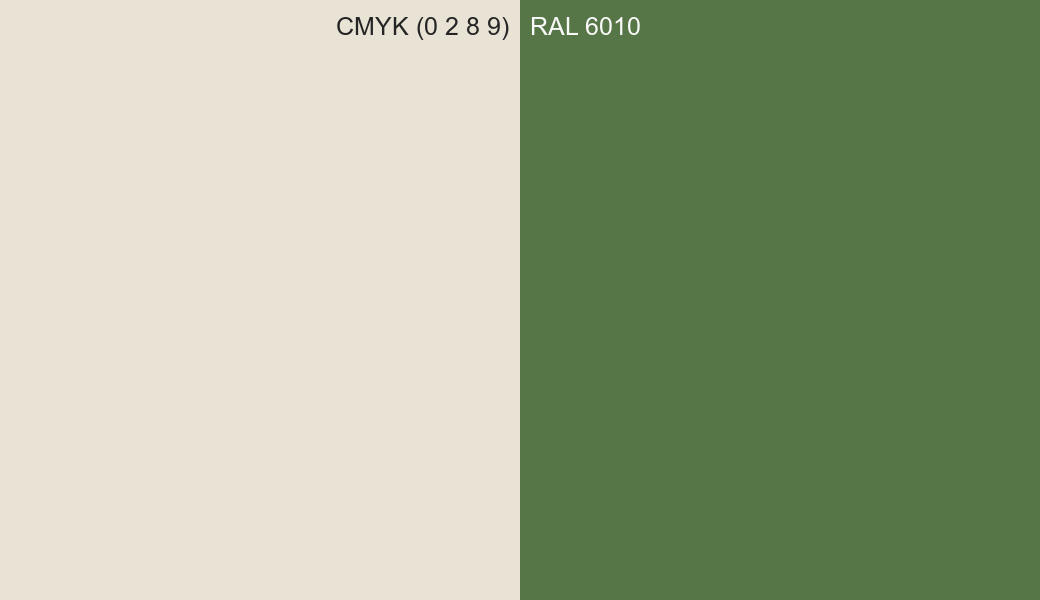 CMYK Color CMYK (0 2 8 9) vs RAL 6010 side by side comparison CMYK Color CMYK (0 2 8 9) vs RAL 6010 side by side comparison