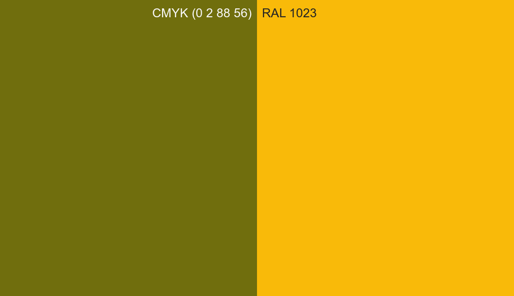 CMYK Color CMYK (0 2 88 56) vs RAL 1023 side by side comparison CMYK Color CMYK (0 2 88 56) vs RAL 1023 side by side comparison