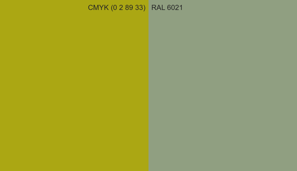 CMYK Color CMYK (0 2 89 33) vs RAL 6021 side by side comparison CMYK Color CMYK (0 2 89 33) vs RAL 6021 side by side comparison