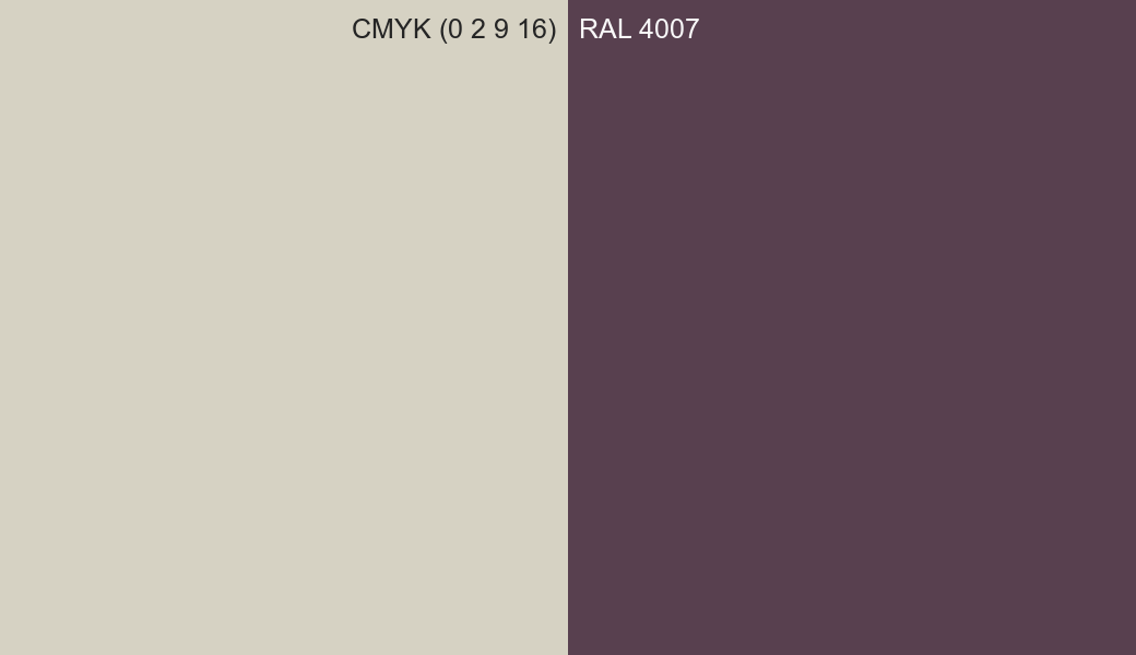 CMYK Color CMYK (0 2 9 16) vs RAL 4007 side by side comparison CMYK Color CMYK (0 2 9 16) vs RAL 4007 side by side comparison