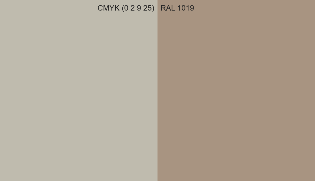 CMYK Color CMYK (0 2 9 25) vs RAL 1019 side by side comparison CMYK Color CMYK (0 2 9 25) vs RAL 1019 side by side comparison