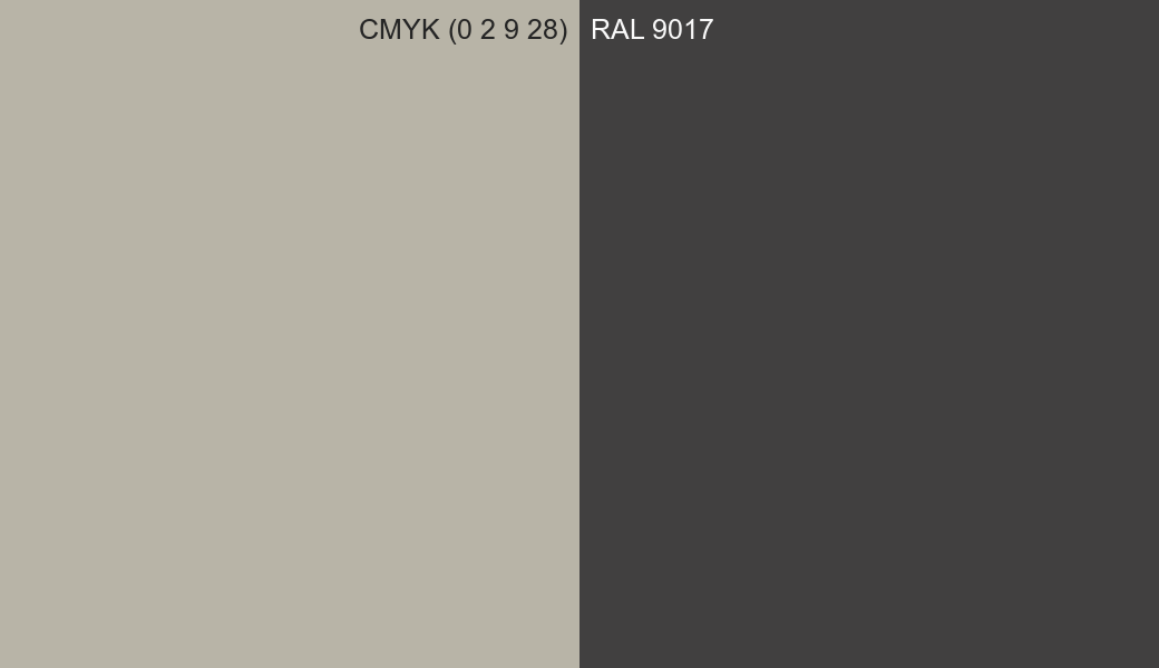 CMYK Color CMYK (0 2 9 28) vs RAL 9017 side by side comparison CMYK Color CMYK (0 2 9 28) vs RAL 9017 side by side comparison
