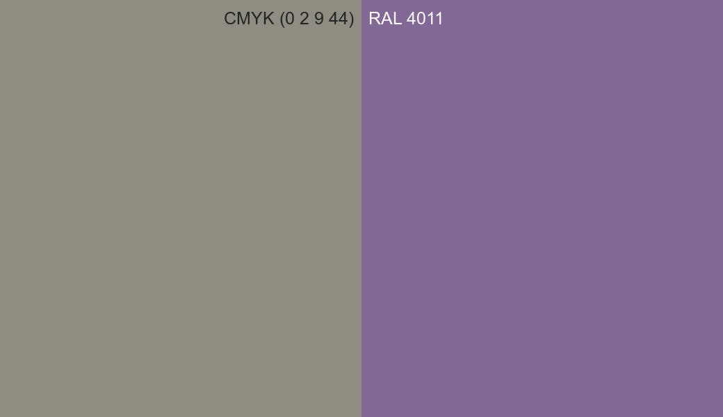 CMYK Color CMYK (0 2 9 44) vs RAL 4011 side by side comparison CMYK Color CMYK (0 2 9 44) vs RAL 4011 side by side comparison