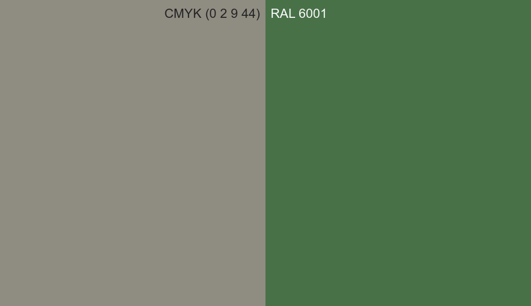 CMYK Color CMYK (0 2 9 44) vs RAL 6001 side by side comparison CMYK Color CMYK (0 2 9 44) vs RAL 6001 side by side comparison