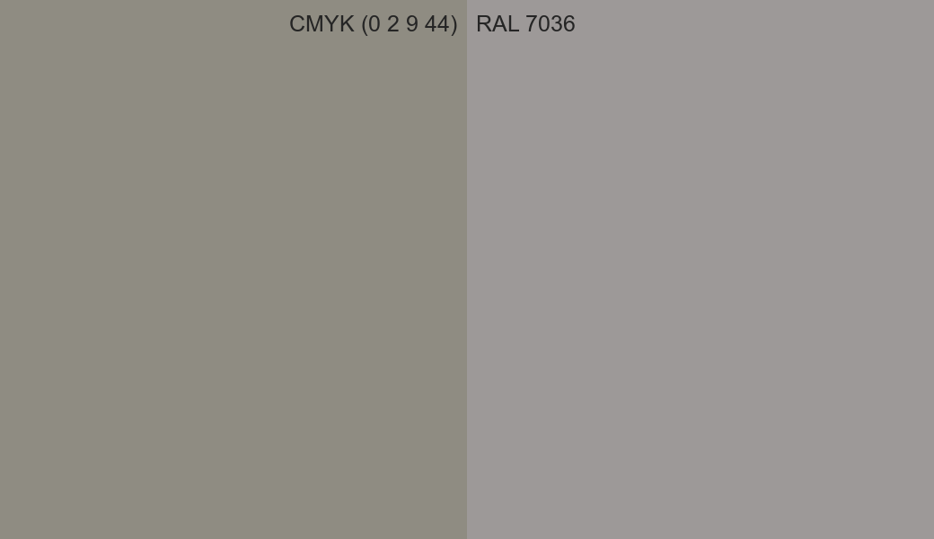 CMYK Color CMYK (0 2 9 44) vs RAL 7036 side by side comparison CMYK Color CMYK (0 2 9 44) vs RAL 7036 side by side comparison