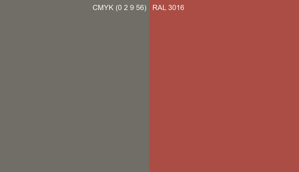 CMYK Color CMYK (0 2 9 56) vs RAL 3016 side by side comparison CMYK Color CMYK (0 2 9 56) vs RAL 3016 side by side comparison