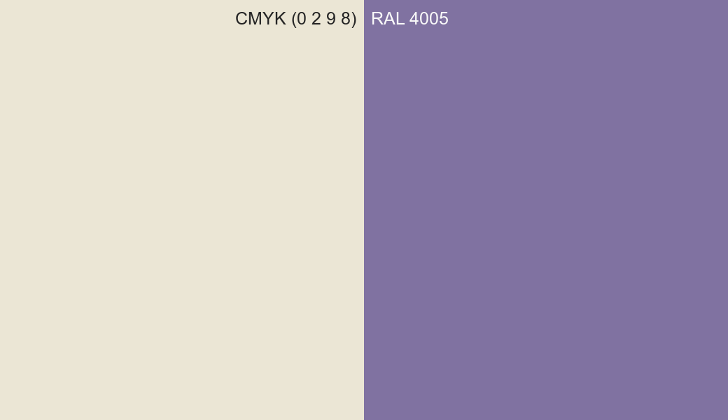 CMYK Color CMYK (0 2 9 8) vs RAL 4005 side by side comparison CMYK Color CMYK (0 2 9 8) vs RAL 4005 side by side comparison