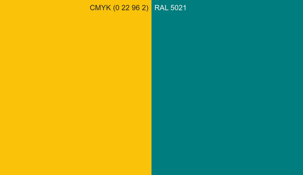 CMYK Color CMYK (0 22 96 2) vs RAL 5021 side by side comparison CMYK Color CMYK (0 22 96 2) vs RAL 5021 side by side comparison