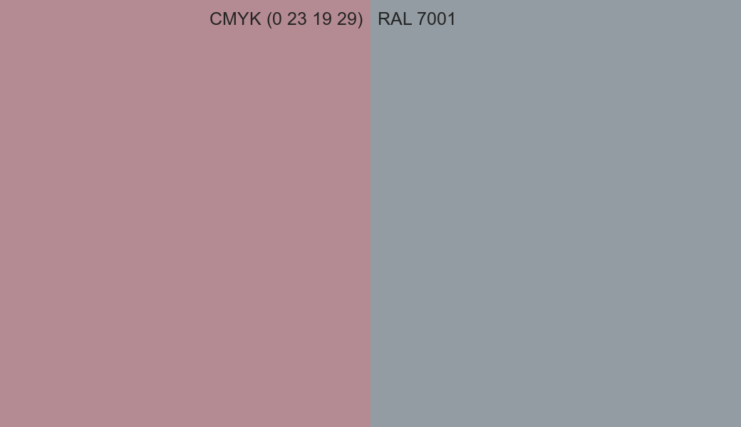 CMYK Color CMYK (0 23 19 29) vs RAL 7001 side by side comparison CMYK Color CMYK (0 23 19 29) vs RAL 7001 side by side comparison