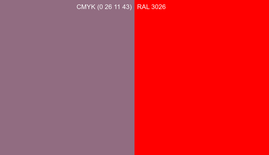 CMYK Color CMYK (0 26 11 43) vs RAL 3026 side by side comparison CMYK Color CMYK (0 26 11 43) vs RAL 3026 side by side comparison