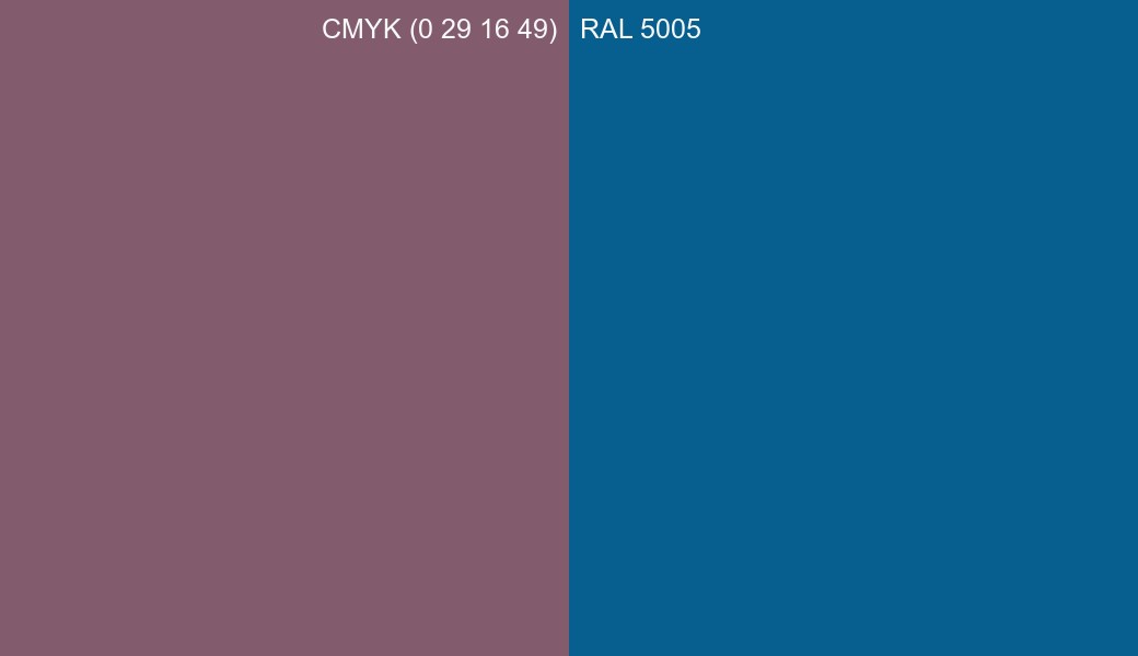 CMYK Color CMYK (0 29 16 49) vs RAL 5005 side by side comparison CMYK Color CMYK (0 29 16 49) vs RAL 5005 side by side comparison