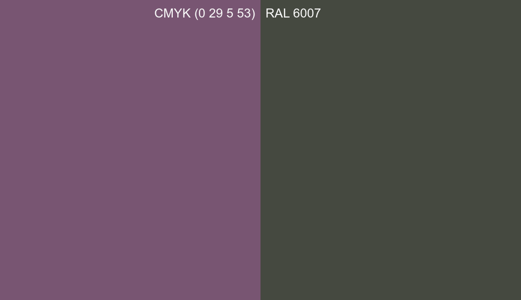 CMYK Color CMYK (0 29 5 53) vs RAL 6007 side by side comparison CMYK Color CMYK (0 29 5 53) vs RAL 6007 side by side comparison