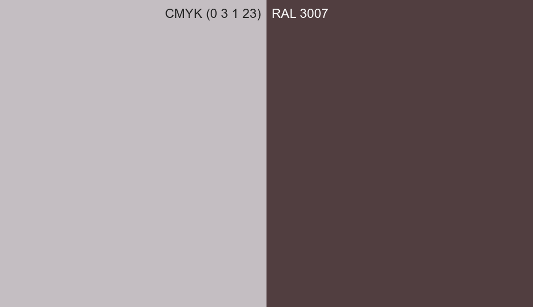CMYK Color CMYK (0 3 1 23) vs RAL 3007 side by side comparison CMYK Color CMYK (0 3 1 23) vs RAL 3007 side by side comparison