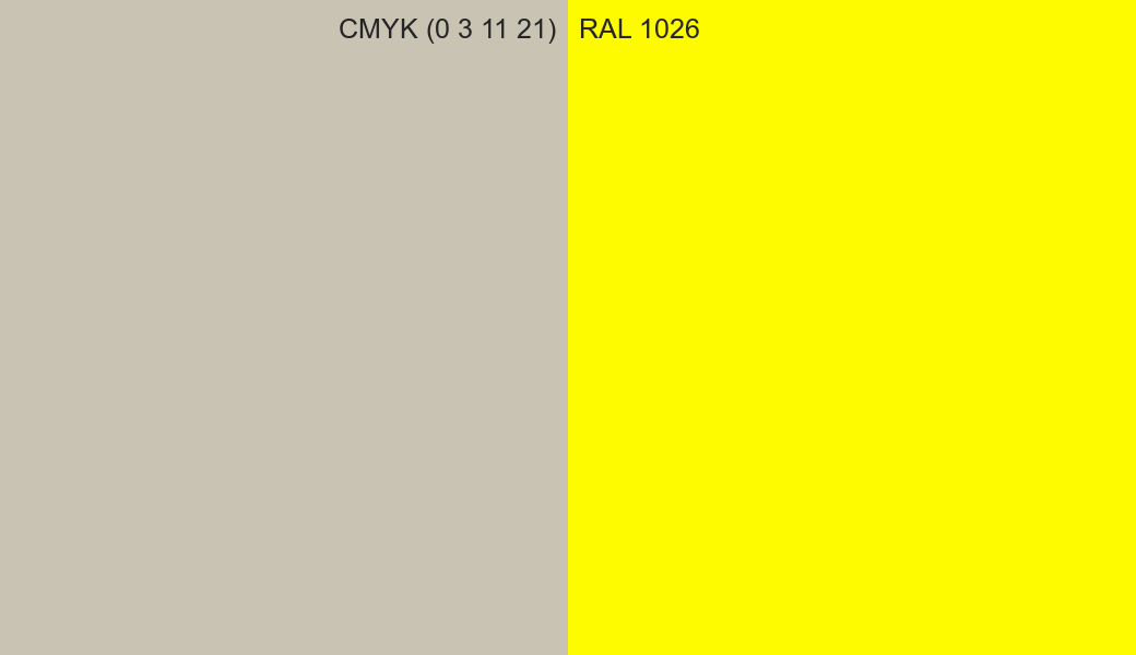CMYK Color CMYK (0 3 11 21) vs RAL 1026 side by side comparison CMYK Color CMYK (0 3 11 21) vs RAL 1026 side by side comparison