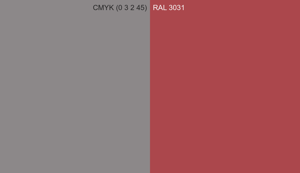 CMYK Color CMYK (0 3 2 45) vs RAL 3031 side by side comparison CMYK Color CMYK (0 3 2 45) vs RAL 3031 side by side comparison