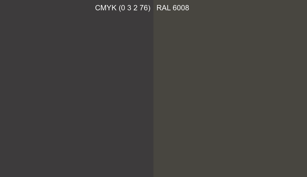 CMYK Color CMYK (0 3 2 76) vs RAL 6008 side by side comparison CMYK Color CMYK (0 3 2 76) vs RAL 6008 side by side comparison