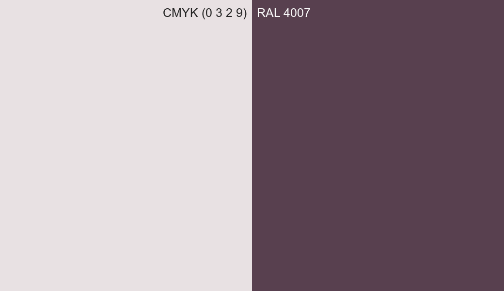 CMYK Color CMYK (0 3 2 9) vs RAL 4007 side by side comparison CMYK Color CMYK (0 3 2 9) vs RAL 4007 side by side comparison