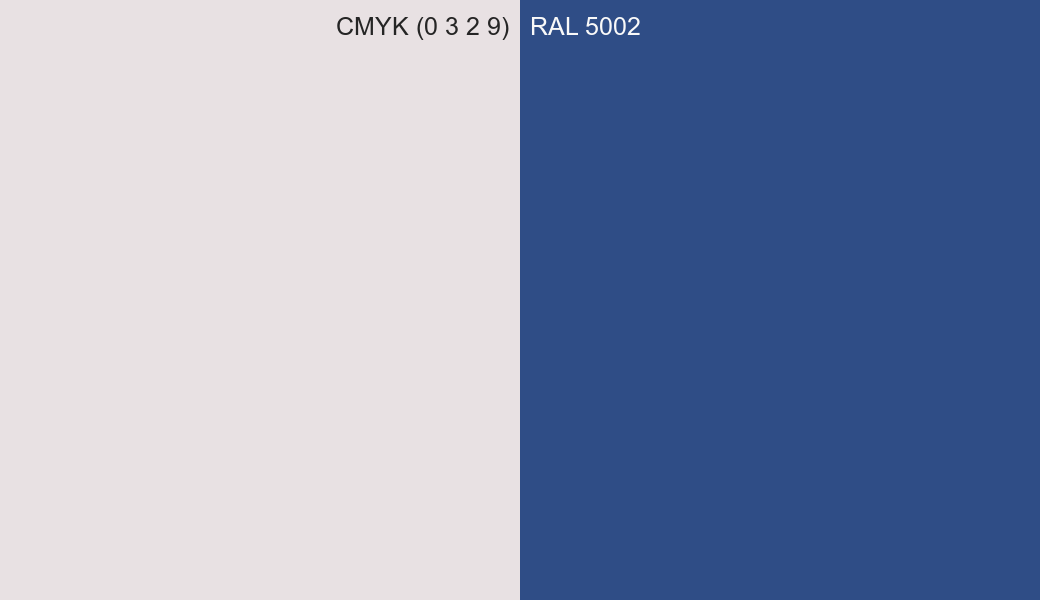 CMYK Color CMYK (0 3 2 9) vs RAL 5002 side by side comparison CMYK Color CMYK (0 3 2 9) vs RAL 5002 side by side comparison