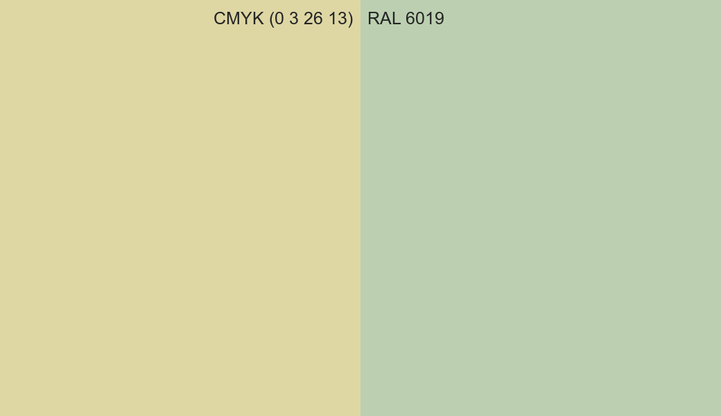 CMYK Color CMYK (0 3 26 13) vs RAL 6019 side by side comparison CMYK Color CMYK (0 3 26 13) vs RAL 6019 side by side comparison