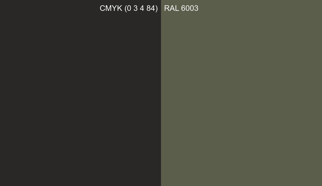 CMYK Color CMYK (0 3 4 84) vs RAL 6003 side by side comparison CMYK Color CMYK (0 3 4 84) vs RAL 6003 side by side comparison